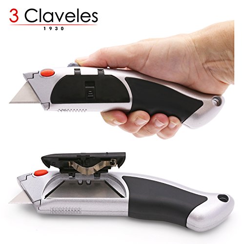 3 Claveles - Pack Cutter Profesional Retráctil de Alto Rendimiento, Acabado en Zinc y Goma Termoplástica (1- Cutter+Cuchillas)