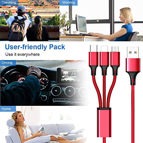 3 en 1 Multi Cable de Carga, Nylon Multi USB Cargador Cable Múltiples Micro USB Tipo C Compatible con Galaxy S10/S9/S8/S7/S6, Huawei P30/P20, Xiaomi Redmi Note 7/Mi A3/A2/A1 - Rojo