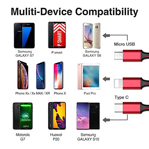 3 en 1 Multi Cable de Carga, Nylon Multi USB Cargador Cable Múltiples Micro USB Tipo C Compatible con Galaxy S10/S9/S8/S7/S6, Huawei P30/P20, Xiaomi Redmi Note 7/Mi A3/A2/A1 - Rojo
