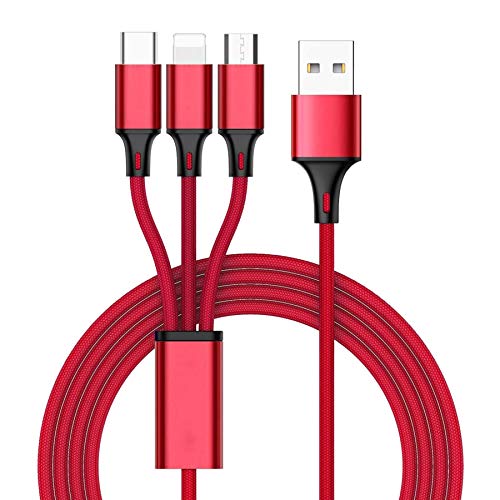 3 en 1 Multi Cable de Carga, Nylon Multi USB Cargador Cable Múltiples Micro USB Tipo C Compatible con Galaxy S10/S9/S8/S7/S6, Huawei P30/P20, Xiaomi Redmi Note 7/Mi A3/A2/A1 - Rojo