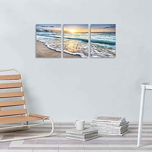 3 Panel Lienzo Arte de la pared para la decoración del hogar Mar Azul Puesta de sol Pintura de la imagen de la playa en la playa Paisaje marino Listo para colgar 12x16pulgadasx3 enmarcado