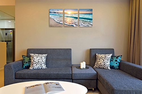 3 Panel Lienzo Arte de la pared para la decoración del hogar Mar Azul Puesta de sol Pintura de la imagen de la playa en la playa Paisaje marino Listo para colgar 12x16pulgadasx3 enmarcado