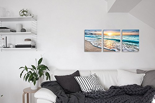 3 Panel Lienzo Arte de la pared para la decoración del hogar Mar Azul Puesta de sol Pintura de la imagen de la playa en la playa Paisaje marino Listo para colgar 12x16pulgadasx3 enmarcado