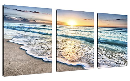 3 Panel Lienzo Arte de la pared para la decoración del hogar Mar Azul Puesta de sol Pintura de la imagen de la playa en la playa Paisaje marino Listo para colgar 12x16pulgadasx3 enmarcado