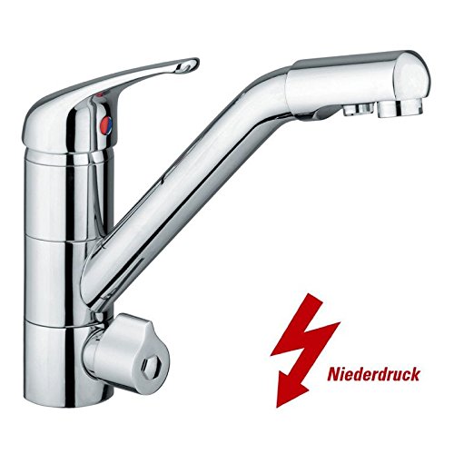 3-WEGE-NIEDERDRUCKARMATUR SIENA L-Auslauf Chrom para agua fría, caliente y agua filtrada. Uno elegante y complemento elegante para el filtro de agua.