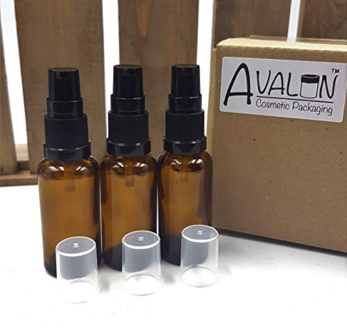 3 x frascos de vidrio ámbar 25 ml aromaterapia con bomba/pulverizador negro. Frasco de vidrio ámbar de calidad óptima vacío apropiado para aromaterapia, arte, manualidades, primeros auxilios, tamaño de viaje, belleza, geles, sérums y lociones