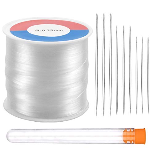 350m Hilo Invisible de Nylon Transparente 0.3mm Fuerte Hilos para Abaloriosc, Claro Hilo con 9 Piezas Agujas Ojo Grande para Cuentas Pulsera Collar Colgar