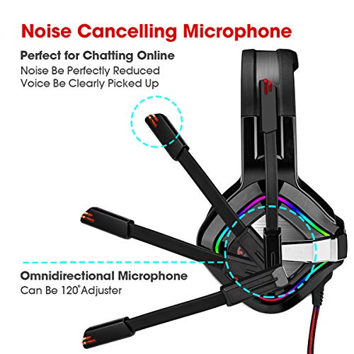 3I Dn. Auriculares Gaming Estéreo Cascos Gaming Adjustables con LED y Micrófono Omnidireccional Reduccón de Ruido para PC, PS4, Nintendo Switch,Tableta y Móvil Color Rojo