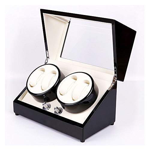 4 + 0 Caja giratoria automática de Caja de exhibición de Almacenamiento de rebobinadora de Reloj de Madera Acabado Negro con líneas Suaves y Hermosa Cubierta de bisagra Suavemente Abierta