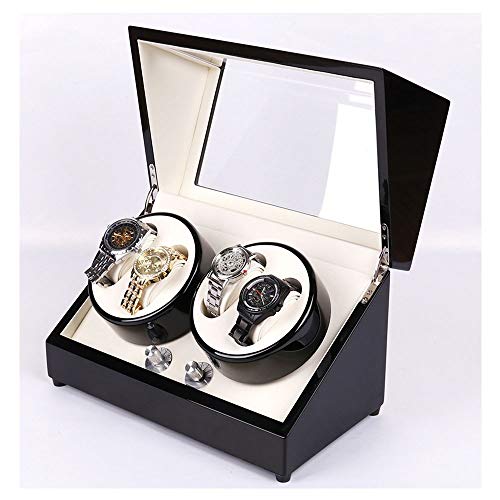 4 + 0 Caja giratoria automática de Caja de exhibición de Almacenamiento de rebobinadora de Reloj de Madera Acabado Negro con líneas Suaves y Hermosa Cubierta de bisagra Suavemente Abierta