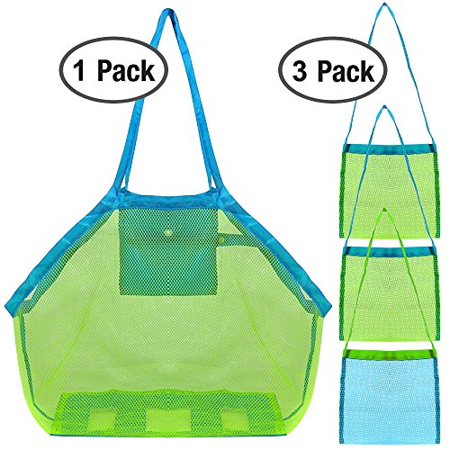 4 Pack Beach Mesh Bolsa de Tela, FineGood Arena Juguetes Shell Reutilizable Bolsa de Almacenamiento Ligero Plegable para Los Niños las Mujeres Hombres - Verde