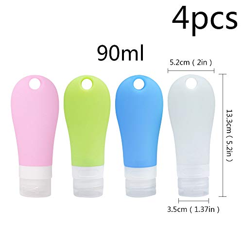 4 Piezas Botellas de Viaje de Silicona Contenedor de Viaje Recargable Tamaño de Viaje Tubo cosmético Reutilizables Tubos Silicona Viaje exprimibles Prueba de Fugas con Orificio para Colgar (90ml)
