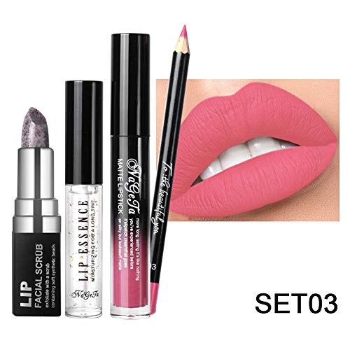 4pcs Kits De Cosméticos De Labios 12 Colores Brillo De Labios Delineador De Labios Crema Exfoliante Líquido Esencia De Labios(03)