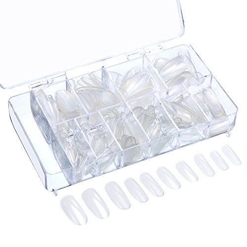 500 Piezas de Punta de Uña Falsa Oval Uñas Postizas de Acrilíco de Cubierta Completa 10 Tamaños con Caja Transparente para Salón de Uñas y DIY Arte de Uñas, Transparente