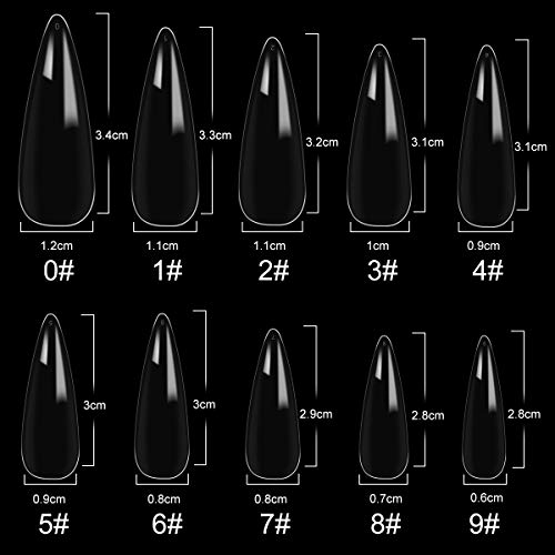 500 puntas de uñas acrílicas para uñas postizas con caja, transparentes, con forma de stiletto, 10 tamaños de uñas postizas artificiales con caja, para mujeres y niñas (transparente)