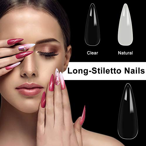 500 puntas de uñas acrílicas para uñas postizas con caja, transparentes, con forma de stiletto, 10 tamaños de uñas postizas artificiales con caja, para mujeres y niñas (transparente)