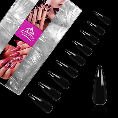 500 puntas de uñas acrílicas para uñas postizas con caja, transparentes, con forma de stiletto, 10 tamaños de uñas postizas artificiales con caja, para mujeres y niñas (transparente)