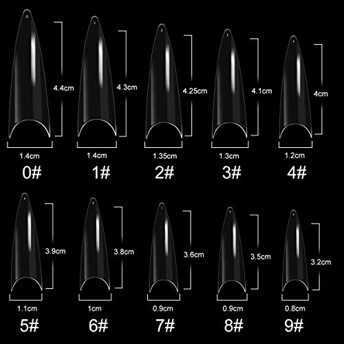 500 puntas de uñas acrílicas para uñas postizas largas francesas con forma de aguja de uñas postizas de 10 tamaños para mujeres y niñas