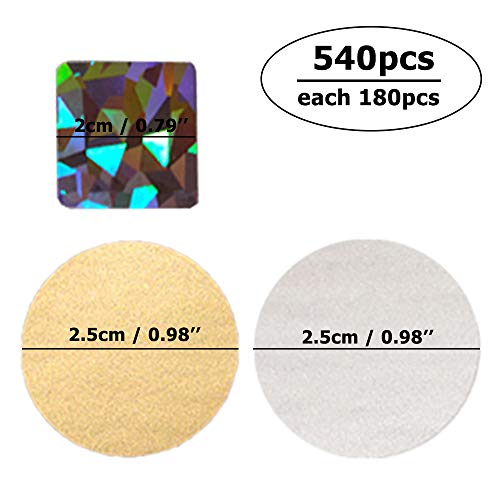 540 piezas Rascar Etiquetas Pegatinas, CNYMANY 2,5cm Circular Cuadrado Autoadhesivo Pelar y Pegar Etiquetas para Juegos Fiesta Regalo Tarjeta postal Promoción: Oro, Plata, Plata Metálica