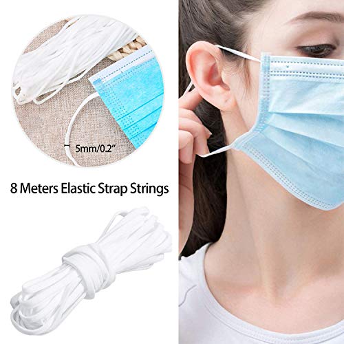 5mm 8Metros Cuerda Elastica, Blanco Plana Cintas elásticas para Costura y Manualidades DIY Cordon, Cordón Goma Elástico Bandas con Tiras de Aluminio para la Nariz y Hebilla Ajustable