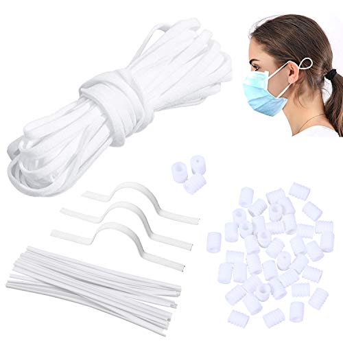 5mm 8Metros Cuerda Elastica, Blanco Plana Cintas elásticas para Costura y Manualidades DIY Cordon, Cordón Goma Elástico Bandas con Tiras de Aluminio para la Nariz y Hebilla Ajustable