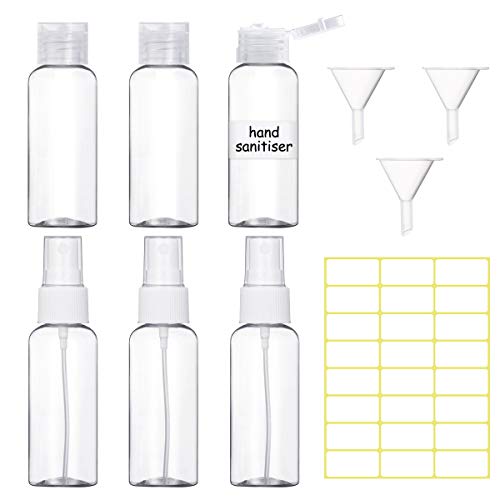 6 Piezas Botes Viaje 50ml, Bote Spray Botella Plastico con 3 Mini Embudos y 24 Etiquetas para Rellenar Líquidos o Cosméticos