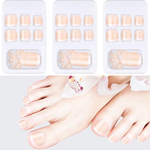 72 Piezas Uñas de Pies Postizas Francesas Puntas de Uñas de Dedos de Pies Falsas Artificiales Desnudas Uñas Cortas Cuadradas en 3 Cajas Cubierta Completa con Lima Palillo de Uñas para Salón Hogar