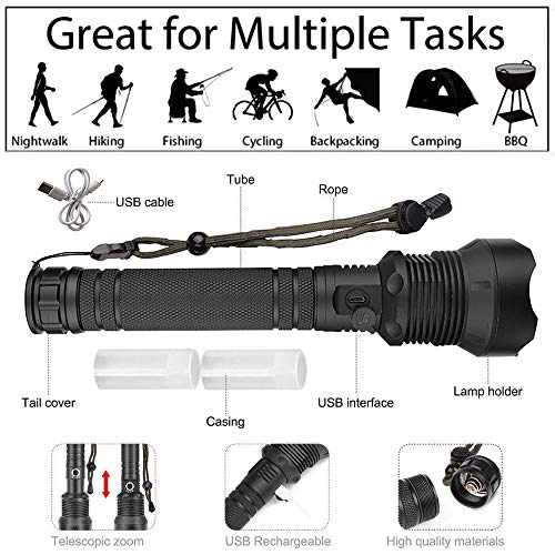 90000 Lumen Xhp70.2 Xlamp, 90000 Lúmenes Xhp70.2 La linterna LED más potente Linterna con zoom USB Xhp70, Zoom USB telescópico Linterna de camping a prueba de agua (Linterna Xhp70 + 26650 + cable USB)