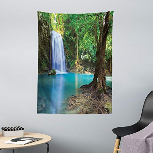 ABAKUHAUS Bosque Tapiz de Pared y Cubrecama Suave, Cascada Asia Tailandia Jungla Trópico Planta Árboles Atracción Turística, Lavable Colores Firmes, 110 x 150 cm, Marron Verdoso