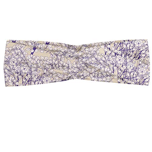 ABAKUHAUS Diadame Hojas, Banda Elástica y Suave para Mujer para Deportes y Uso Diario Vintage arreglo floral romántico temporada de primavera antiguo patrón de plantas, Crema de blanco Indigo