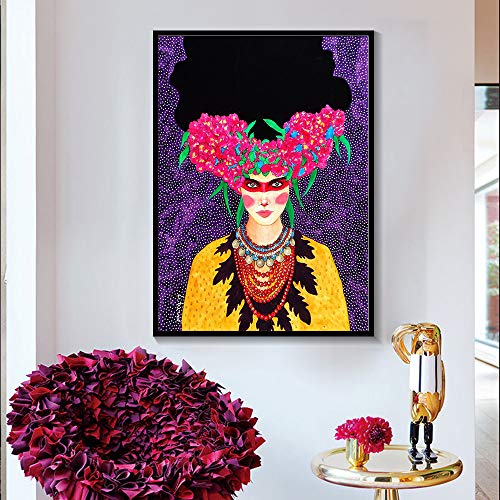Abstract Flowers Girl Hair Wall Art Canvas Painting Bird Nordic Poster Living Room Retro Picture Frame 20X25cm NoFrame