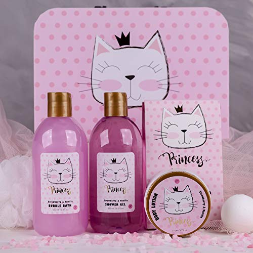 Accentra Princess Kitty - Set de baño y ducha para mujeres y niñas, con aroma a fresa y vainilla, 7 piezas en estuche de papel