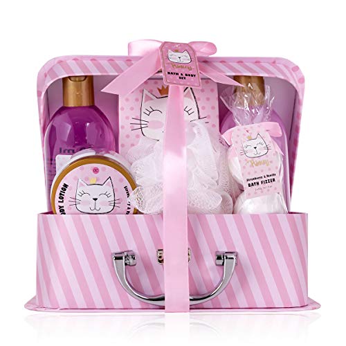 Accentra Princess Kitty - Set de baño y ducha para mujeres y niñas, con aroma a fresa y vainilla, 7 piezas en estuche de papel