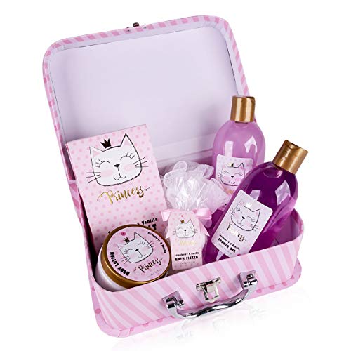 Accentra Princess Kitty - Set de baño y ducha para mujeres y niñas, con aroma a fresa y vainilla, 7 piezas en estuche de papel