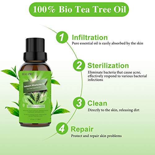 Aceite de Árbol de Té, Aceite Arbol de Te Puro 100%, Aceite Esencial de Árbol para La Piel Manchada, Acné, Granos, Bacterias, Mal Aliento y Pie de Atleta, Antiinflamatorio, Arbol de Te - 30 ml