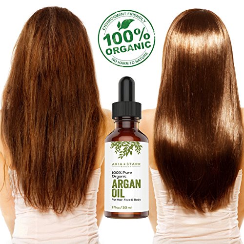 Aceite de argán ORGÁNICO Aria Starr Beauty para pelo, piel, cara, uñas, barba y cutículas - El mejor aceite marroquí 100% puro - Secreto de belleza antiedad y antiarrugas, hidratante de presión en frío certificado, 1 oz.