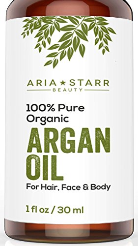 Aceite de argán ORGÁNICO Aria Starr Beauty para pelo, piel, cara, uñas, barba y cutículas - El mejor aceite marroquí 100% puro - Secreto de belleza antiedad y antiarrugas, hidratante de presión en frío certificado, 1 oz.