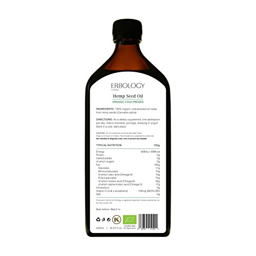 Aceite de Cáñamo Bio 500ml - Prensado en Frío - Rico en Omega 3, Omega 6 y Vitamina D - Equilibrio Nutricional