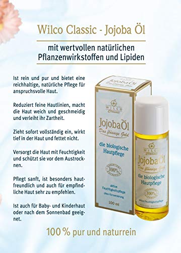 Aceite de jojoba, Wilco Classic, 100 % natural, para cuerpo y cara, 15 ml, para el cuidado diario de las uñas y el tratamiento de masaje. Aceite corporal antiarrugas, antienvejecimiento.