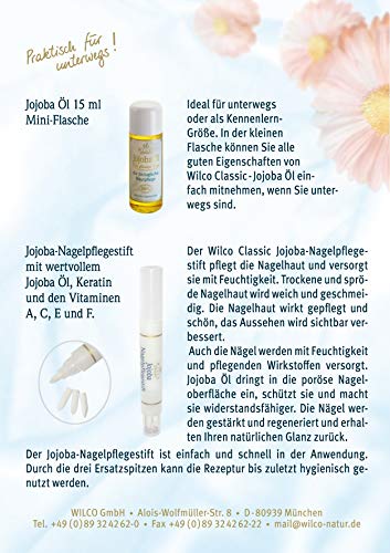 Aceite de jojoba, Wilco Classic, 100 % natural, para cuerpo y cara, 15 ml, para el cuidado diario de las uñas y el tratamiento de masaje. Aceite corporal antiarrugas, antienvejecimiento.