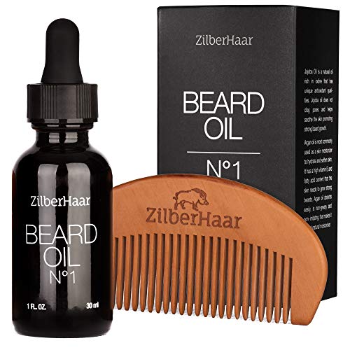 Aceite para barba ZilberHaar #1 – Aceite puro de argán marroquí y jojoba orgánico para el crecimiento e hidratación natural de la barba – 30ml – peine gratis para barba de regalo