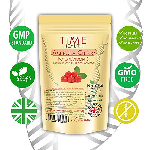 Acerola Cherry Extract Capsules - Natural & Wholefood VIT C - UK Manufactured - Zero Stearates or Flow Agents (120 cápsulas por bolsa)