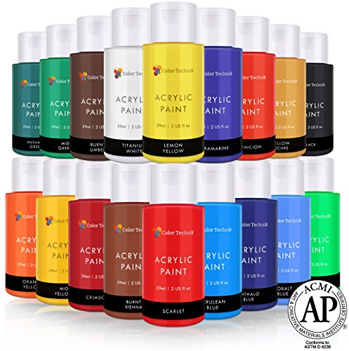 Acrylic Paint Set By Color Technik, Artist Quality, LARGE SET - 18x59ml (2-Ounce) Bottles, Best Colors For Painting Canvas, Wood, Clay, Fabric, Nail Art & Ceramic, Rich Pigments, Heavy Body, GIFT BOX