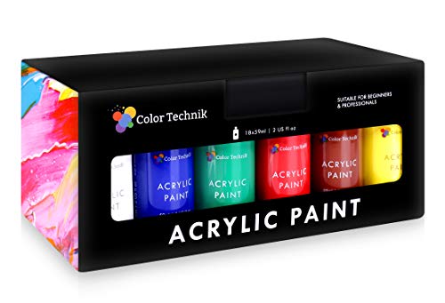 Acrylic Paint Set By Color Technik, Artist Quality, LARGE SET - 18x59ml (2-Ounce) Bottles, Best Colors For Painting Canvas, Wood, Clay, Fabric, Nail Art & Ceramic, Rich Pigments, Heavy Body, GIFT BOX
