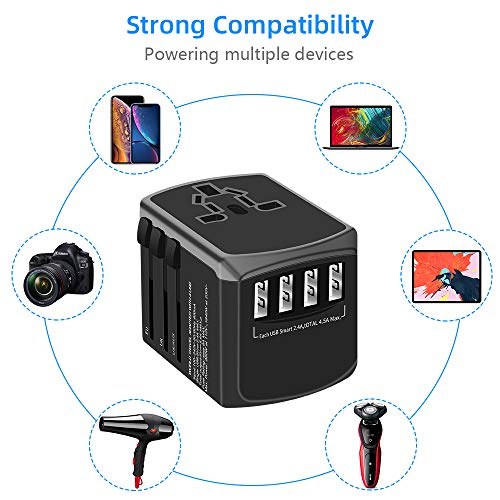 Adaptador de Viaje Universal, Yarrashop Enchufe Adaptador Internacional inglés/eeuu/EU/AUS con 4 Puertos USB para más de 180 Países para Ordenadores Portátiles, Teléfonos, Tabletas, Cámara y más.
