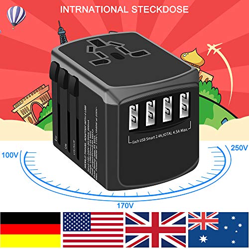 Adaptador de Viaje Universal, Yarrashop Enchufe Adaptador Internacional inglés/eeuu/EU/AUS con 4 Puertos USB para más de 180 Países para Ordenadores Portátiles, Teléfonos, Tabletas, Cámara y más.