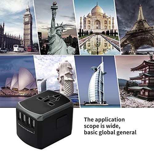 Adaptador de Viaje Universal, Yarrashop Enchufe Adaptador Internacional inglés/eeuu/EU/AUS con 4 Puertos USB para más de 180 Países para Ordenadores Portátiles, Teléfonos, Tabletas, Cámara y más.