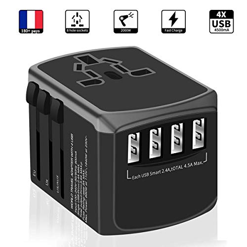 Adaptador de Viaje Universal, Yarrashop Enchufe Adaptador Internacional inglés/eeuu/EU/AUS con 4 Puertos USB para más de 180 Países para Ordenadores Portátiles, Teléfonos, Tabletas, Cámara y más.