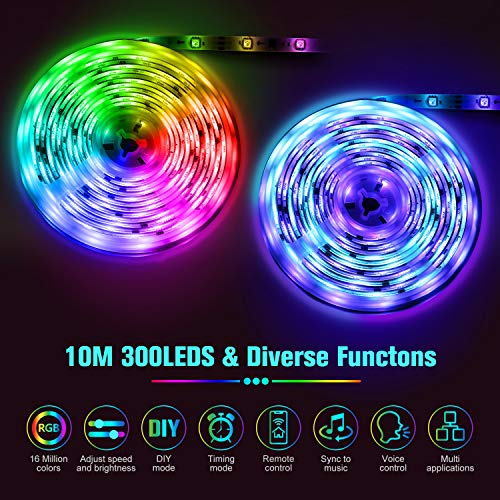 Aerb 10M WIFI Tira LED RGB, Luces LED Smart de 16 millones de colores, Sync con Música, Control de voz, Program Persanalizado, Compatibles con Alexa y Google Assitant, Echo, Para Decoración