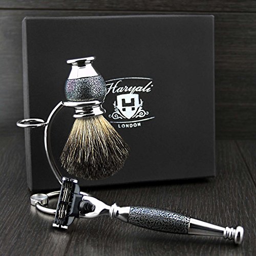 Afeitado Set Regalo con Gillette Mach 3 Montaje A Mano cuchilla , Negro Brocha De Tejón y el soporte, para (Nuevo Principiante) Gran Padre) Padre) Marido) o (Enamorado)